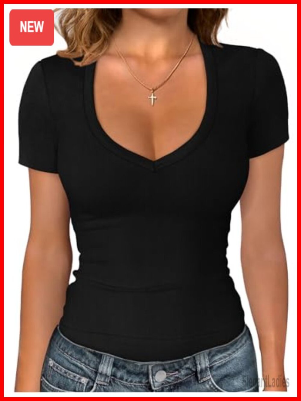 Women's Ribbed V-Neck Short Sleeve T-Shirt Slim Fit Stretch Summer Tee